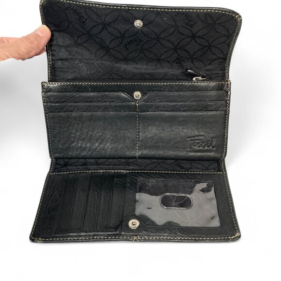 Fossil Black Leather Trifold Wallet Organizer Multiple Compartments Snap‎ Closed - Picture 4 of 11
